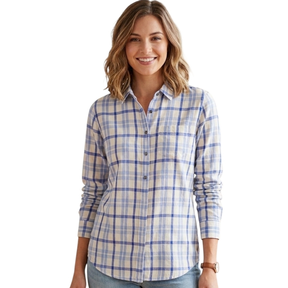 L.L. Bean 100% Cotton Shirt Blouse Women's Blue White Plaid Button Down